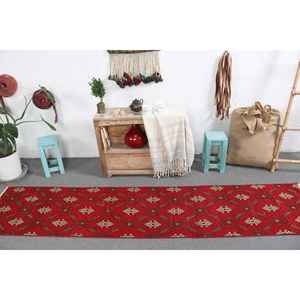 2x9 ft Turkish Vintage Rug, <b>Runner</b> Rug, <b>Red</b> Yellow Moroccan Wool Rug - Product Image 1