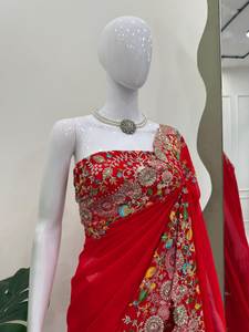 Sari rojo de boda pakistaní indio de gran venta con blusa sin costuras Material de Georgette falso también hilo Sequnce trabajo - Product Image 3