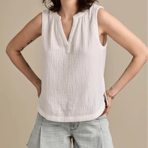 <b>Sleeveless</b> Cotton Popover Blouse Double Cloth Gauze with Deep V-Neck & Side Slits Bohemian Vintage Office Wear ODM Supply - Product Image 1