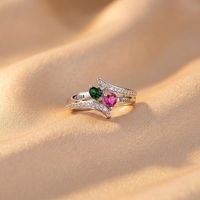 Bague en or rose double cœur, style luxe léger, best-seller transfrontalier, pour la Saint-Valentin, avec pierre de naissance et lettres gravées, entièrement pavée