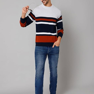 Block Stripe Knit Jumper Azul marino Naranja Blanco Casual Streetwear Pullover Calidad superior Hecho Suéteres de manga larga para hombres - Product Image 4