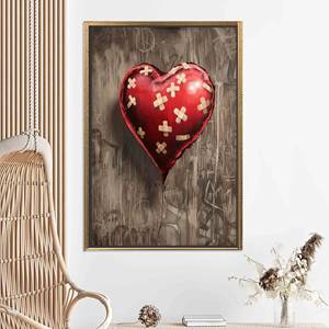 Street Art Bandaged Red Heart Printed Canvas for Modern Decor,GOLD <b>FRAMED</b> CANVAS - Product Image 1
