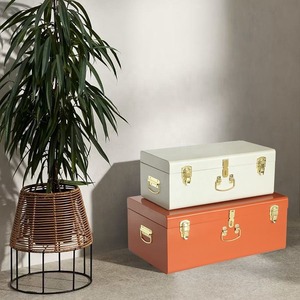 Set of 2 Decorative Metal Storage Trunks with Hardware Hasps Beige and Orange Keepsake Chests for Home Decor - Product Image 3