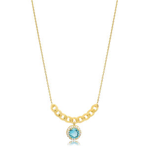 Forma redonda Paraiba CZ piedra encanto collar venta al por Mayor turco 925 joyería de plata colgante hecho a mano - Product Image 1