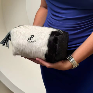 New Western Genuine Hair on Cowhide Leather Tassel Toiletry Bags Stylish Cosmetic Bags for Makeup Storage Travel Organizer <b>Box</b> - Product Image 1