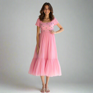 Vestido Midi Romántico para Mujer, Más Vendido, con Cuello Cuadrado de Crochet, Estilo Imperio, Elegante para el Día, Fiestas y Eventos - Product Image 1