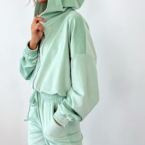 El mejor conjunto deportivo de primavera personalizado para mujer, Sudadera con capucha cortada con cremallera en blanco, en la cintura con cordón Pantalones deportivos, conjunto de 2 piezas para mujer - Product Image 5