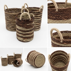 Ensemble de paniers de rangement en jonc de mer naturel, rayé marron beige, avec poignée en arche cylindrique, pot de fleurs, organisateur, décoration d'intérieur, Pure Art - Product Image 2