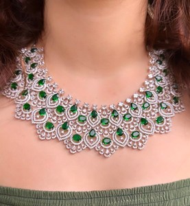 Silver Finish Emerald Green CZ Necklace Indian Jewelry Indian Jewelry Green Necklace Diamond Necklace Statement Jewelry Gift Her - Product Image 1