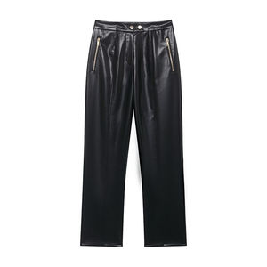 Pantalon droit Willshela pour femme, en PU noir, avec fermeture éclair sur le devant, taille haute vintage, longueur totale, chic et élégant - Product Image 5