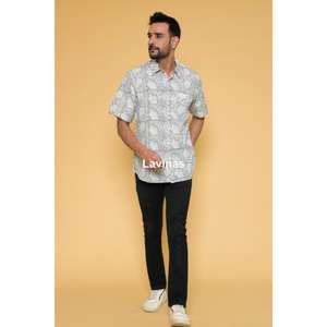 Chemise grise pour hommes, chemises en coton décentes à imprimé floral pour hommes, chemise pour hommes à manches courtes en coton imprimé à la main, chemises décontractées - Product Image 3