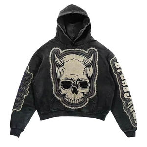 Sudadera con Capucha Extra Grande Personalizada de Invierno, 100% Algodón, Felpa, Cortada, Desgastada, con Parches Bordados, Cierre de Cremallera y Logotipo Personalizado para Hombre - Product Image 5