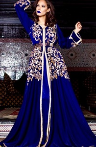BEAUTIFUL BLUE ROYAL CAFTAN DRESS FOR EMBELLISH WITH CRYSTAL BEADS,GLASS STONE WORK ON <b>SILK</b> <b>FABRIC</b> FOR PARTY-WEAR/WEDDING@ 2022 - Product Image 2