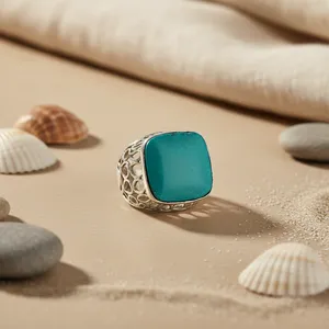 Art Palace Men's 925 Sterling Silver Geometric Statement <b>Ring</b> with Turquoise Stone Elegant Jewelry Accessory for Everyday Wear - Product Image 2