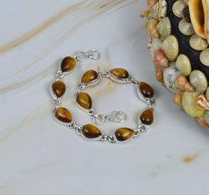 Pulsera Ajustable de Plata de Ley 925 con Ojo de Tigre y Baño de Rodio, Joyería Hecha a Mano con Forma de Pera, Unisex, 10 Piedras - Product Image 4