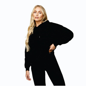 Sudadera con Capucha Extra Grande para Mujer, Corte Holgado, 80% Algodón, 20% Poliéster, Diseño Lineal Arqueado, Color Negro - Product Image 3