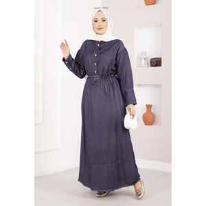 Robe en denim Tencel bleu marine décontractée, demi-boutonnée, ceinturée, style simple, silhouette droite, pour l'hiver - Product Image 3