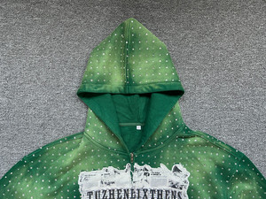Vente en gros Street Wear Hommes Zip-Up Patch de détresse personnalisé Double fermeture à glissière Strass Top Coton mélangé Sweat à capuche zippé pour hommes. - Product Image 2