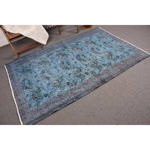 Alfombra de lana turca Vintage de 4x7 pies, alfombra de área de retazos azul y negra, respaldo de látex, tejido plano para decoraciones para sala de estar, uso en pasillo - Product Image 2