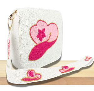 Pink Hat <b>Beaded</b> Crossbody White Box Bag <b>Handbag</b> - Product Image 3