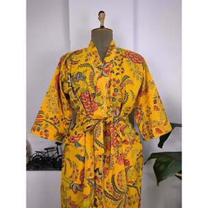 Pure Cotton Boho House <b>Robe</b> Indian Handprinted Summer Dress with Floral Design Yellow Green Red for <b>Beach</b> Cover Wear Christmas - Product Image 1