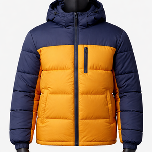 Men’s Color Block Hooded <b>Puffer</b> <b>Jacket</b> Navy <b>Yellow</b> Quilted Winter <b>Jacket</b> Custom OEM ODM Wholesale Manufacturer - Product Image 1