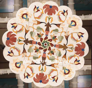 Haut de table basse en marbre blanc rond fait à la main avec incrustation florale et design semi-précieux belle œuvre d'art haut de restaurant - Product Image 1