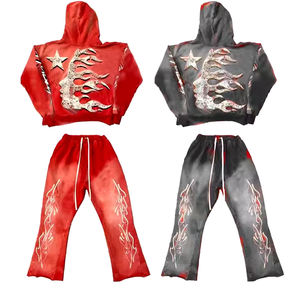 Chándal de algodón acampanado al por mayor, conjunto de pantalones de chándal con capucha para correr al por mayor, chándal de hombre desgastado con lavado ácido desteñido al sol - Product Image 2