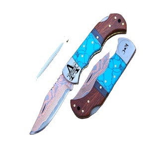 มีดพับทำมือทองแดงดามัสกัส ด้ามทำจากไม้และเทอร์ควอยซ์ มีดพกทำจากทองแดงตีขึ้นรูปด้วยมือ พร้อมซองหนัง - Product Image 2