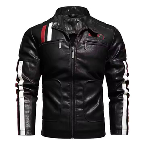 Chaqueta de cuero para hombre, cuello alto, cremallera, estilo motociclista, corte ajustado, bloques de color, cortavientos, abrigo de otoño - Product Image 3