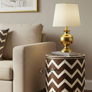 Table basse en os incrusté faite à la main, marron et blanc, motif chevron, table d'appoint pour chambre à coucher, salon - Product Image 5