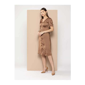 Vestido MIDI de satén a la moda para niñas con mangas abullonadas aspecto elegante para ropa de oficina tela de poliéster de alta calidad - Product Image 1