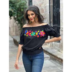 Womens Black Embroidered Off Shoulder Blouse Floral Mexican Boho <b>Top</b> Cotton Casual Summer <b>Ladies</b> <b>Top</b> - Product Image 1