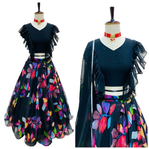 Alta Venta de diseñador indio Georgette Lehenga con Dupatta Impresión digital Ropa de fiesta de trabajo Traje de Bollywood para mujeres - Product Image 1