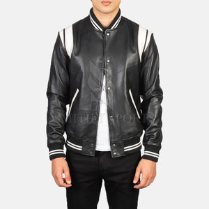 Meilleure veste en cuir de vache de haute qualité pour hommes style de rue haute avec col montant motif de lettres en toile à bas prix - Product Image 3