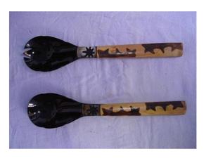 Ensemble de couverts à salade en corne et résine avec cuillère et fourchette en acrylique Aqua Swirl et motif de modèle noir pour la cuisine et l'hôtel - Product Image 4