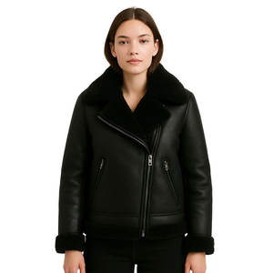 Modern Cut Shearling Leather <b>Jacket</b> with Knitted Breathable Design Smooth Exterior & Plush Lining - Product Image 1