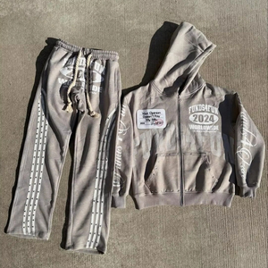 Ensemble survêtement vintage en molleton français surdimensionné personnalisé, pantalon évasé et sweat-shirt, lavage à l'acide, strass, broderie, patch, survêtement pour homme - Product Image 1