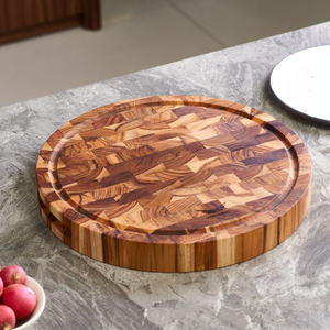 Planche à découper ronde en bois d'acacia durable, écologique, fabriquée directement par Smartwood Factory, logo personnalisé TitanBlock Elite 25/38 mm - Product Image 2