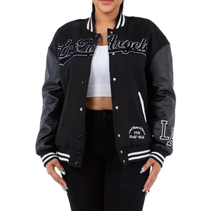 แจ็คเก็ตทีมโรงเรียนมีตัวอักษรคุณภาพสูงสำหรับ2025ผู้หญิงเสื้อสั้นสีดำพร้อมแขนเสื้อหนัง - Product Image 6