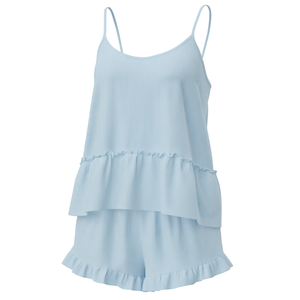 Ensemble de pyjama décontracté et confortable pour femme, avec débardeur côtelé thermique à logo frontal et short à volants – Nouveauté du fournisseur - Product Image 1