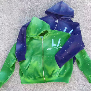 Sudadera con capucha y cremallera con estampado de parches bordados lavados con ácido y desteñidos de 100% algodón con logotipo personalizado, ropa de calle con diamantes de imitación - Product Image 5