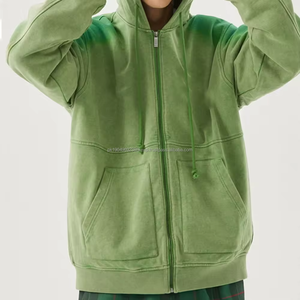 Sweat-shirt streetwear personnalisé délavé au soleil, épaules tombantes, lourd, surdimensionné, à fermeture éclair, broderie de patch, unisexe - Product Image 2