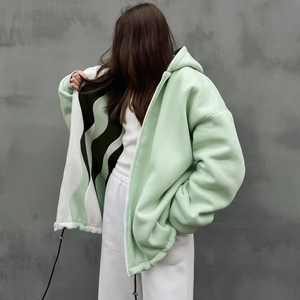 Sweat à capuche zippé de luxe pour femme, poids lourd, en coton biologique, Color Block Boxy, sweat à capuche réversible - Product Image 4