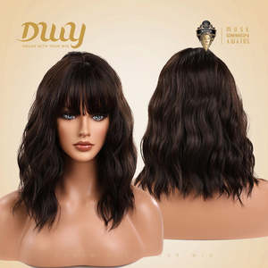 Gemma-DWY 12 Inches Natural Black Short Bob Curly Glueless Synthetic <b>Wig</b> with Transparent Lace Bangs for Women Machine Made - Product Image 4