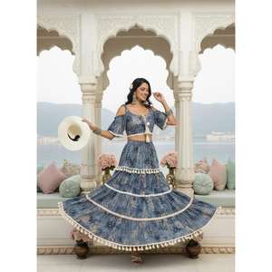 Womens Boho Two Piece Lehenga Set <b>Blue</b> Printed Crop <b>Top</b> Flared Skirt With Tassel Border Summer Resort Wear - Product Image 1