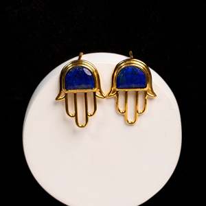 NOVAMART Fine Silverings 925 Sterling <b>Silver</b> Hamsa Lapis Lazuli <b>Stud</b> and Drop Earrings Vintage Style with 18K Gold Freshwater Pe - Product Image 2