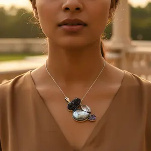 Women's Fashion 925 <b>Silver</b> Gemstone Pendant <b>Necklace</b> with Ruby and Amethyst Rhodium Plated Number Pattern Charm Pendants - Product Image 3