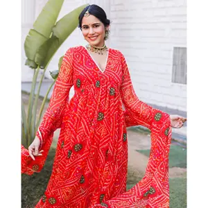 ชุดอาเรีย เรด บันดานี สไตล์ปากีสถาน บอลลีวูด ชุดพื้นเมืองสำหรับงานเทศกาล ผ้าชีฟอง ซาลวาร์ คามีซ ตัดเย็บสำเร็จ - Product Image 5