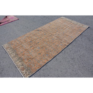 Alfombra turca Vintage, diseño clásico de retazos naranja y azul, lana hecha a mano con respaldo de látex, 4,3x9,4 pies para sala de estar y dormitorio - Product Image 3